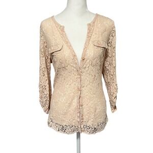 New York & Company Lace‎ Blouse Button Down Long Sleeve Top Feminine Medium